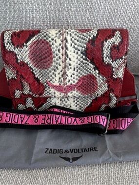 Zadig & Voltaire Red Snakeskin Crossbody with Pink Logo Strap